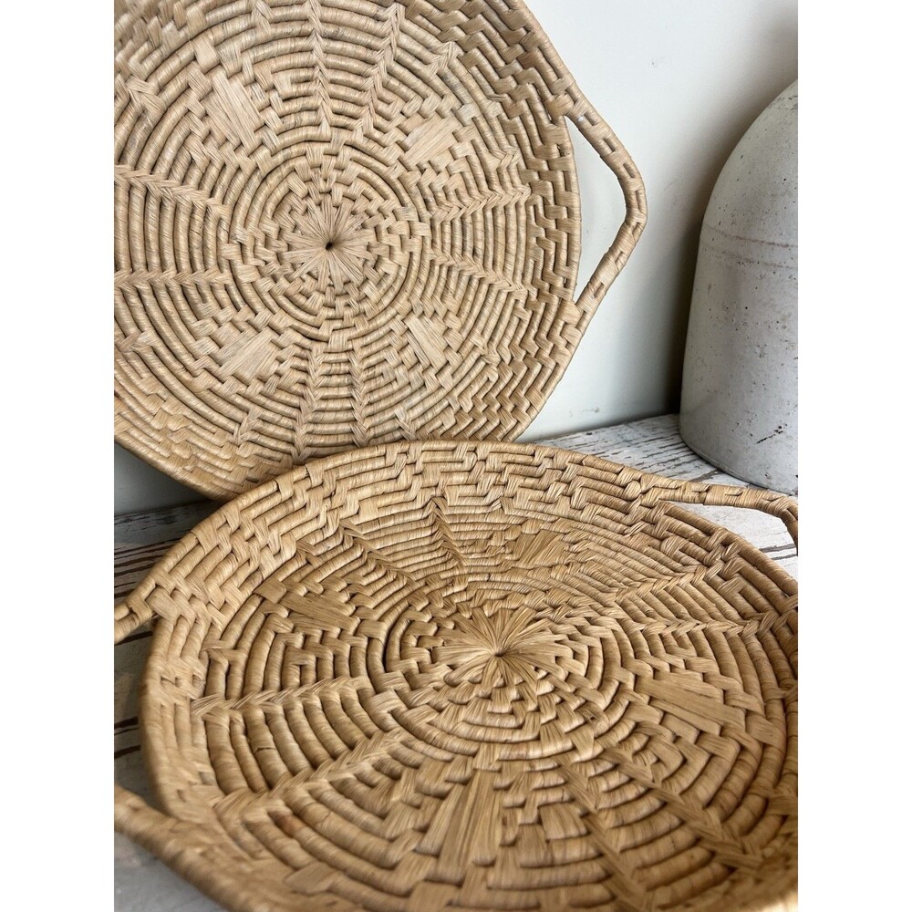 Vintage Woven Wicker Nesting Baskets Sunburst Pattern W/ Handles 14” x 11” Boho